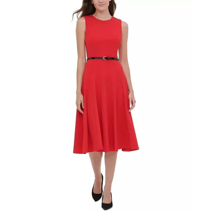 Tommy Hilfiger Women's Belted Midi Fit & Flare Dress Red Size 2