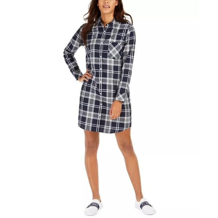 Tommy Hilfiger Women's Cotton Logo-Back Plaid Shirtdress Blue Size Medium