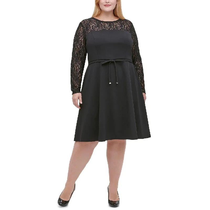 Tommy Hilfiger Women's Lace-Sleeve Fit & Flare Dress Black Size 22W