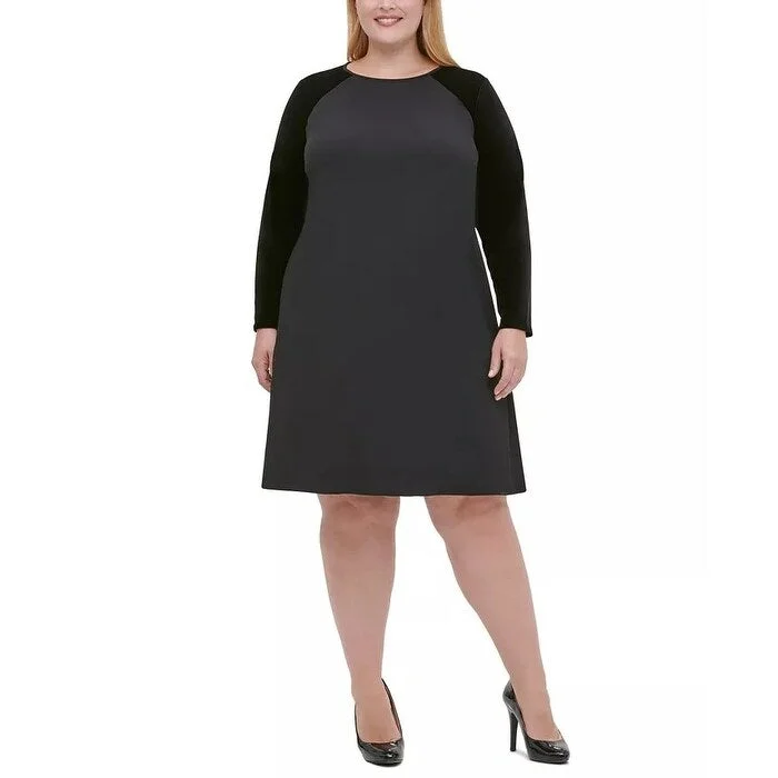 Tommy Hilfiger Women's Plus Size Velvet-Sleeve A-Line Dress Black Size 18