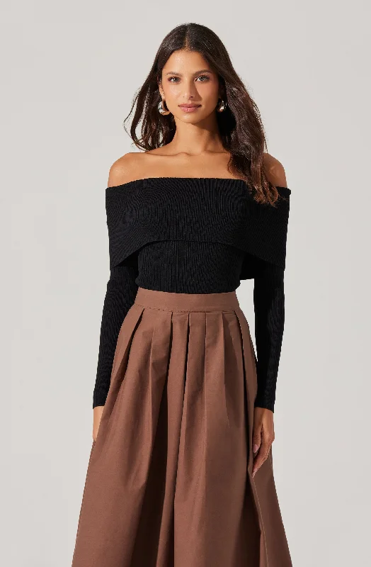 Foldover Ribbed Off Shoulder Sweater