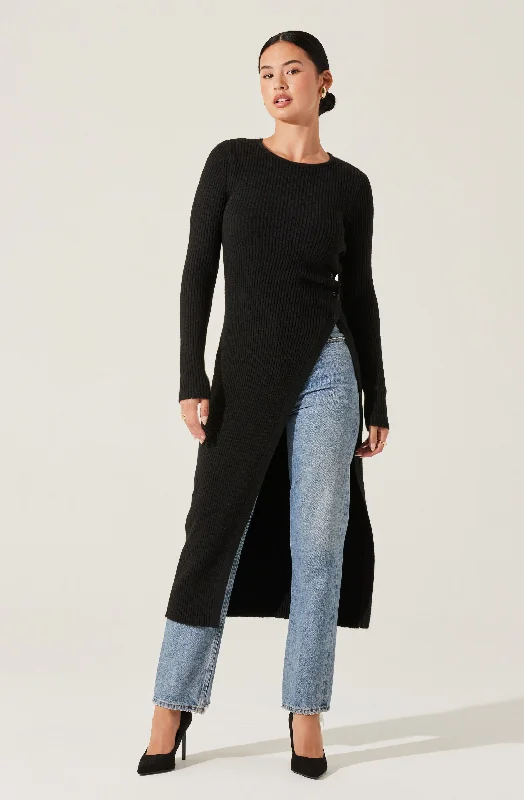 Ribbed Hi Slit Button Sweater