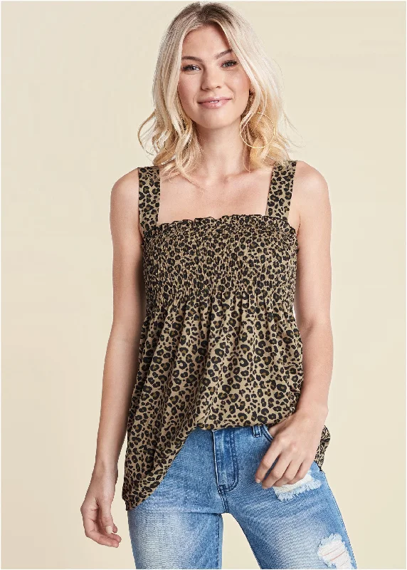 Smocked Leopard Tunic - Brown Multi