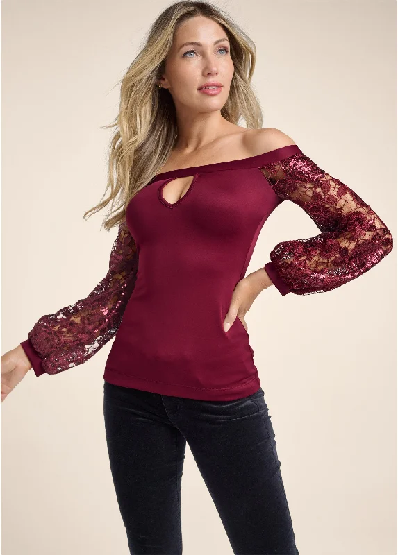 Embellished Lace Sleeve Top - Burgundy