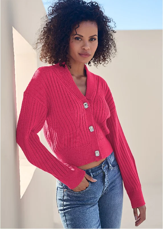 Bejeweled Button Cardigan  - Hot Pink