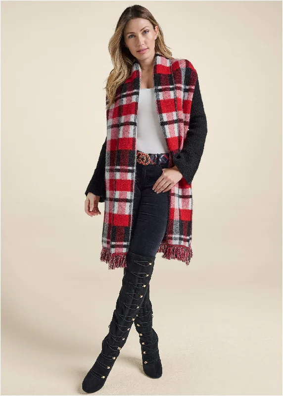 Plaid Fringe Duster - Black Multi