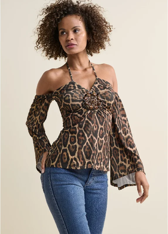 Halter Tie Animal Print Top - Brown & Black