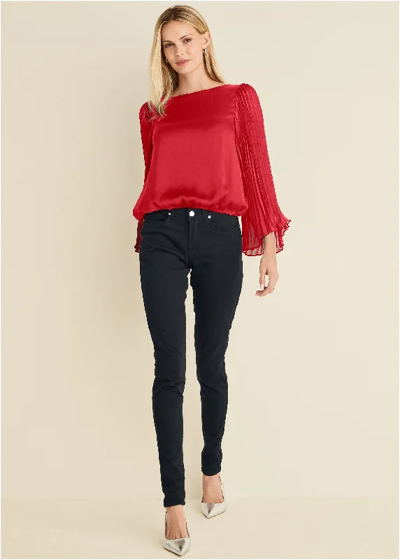 Pleated Sleeve Top - Red