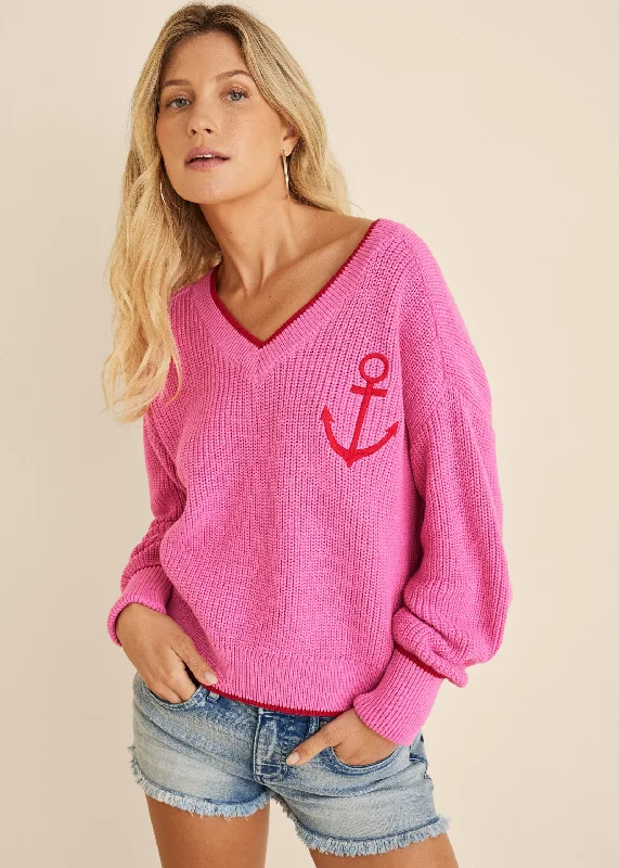 Anchor V-Neck Sweater - Hot Pink