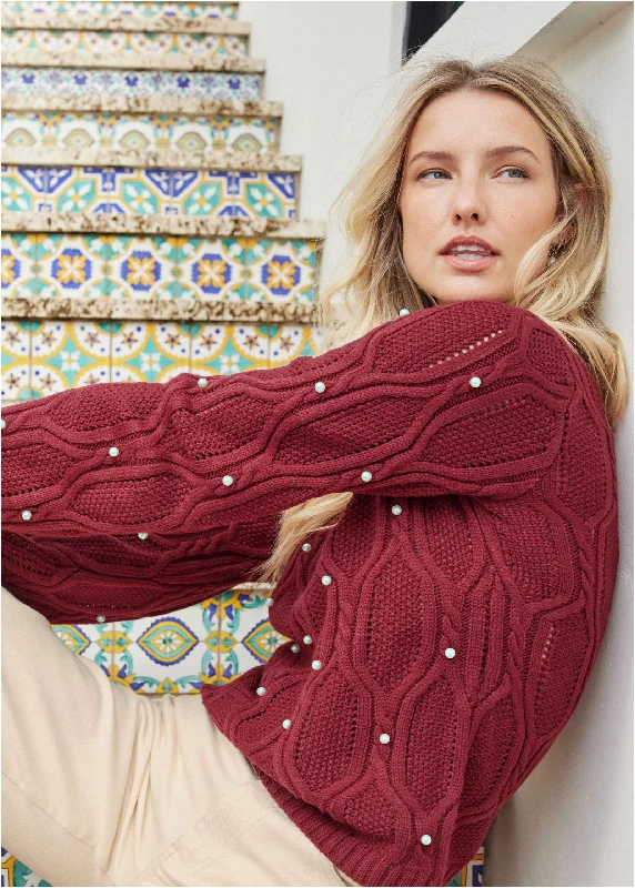 Pearl Detail Sweater  - Wine